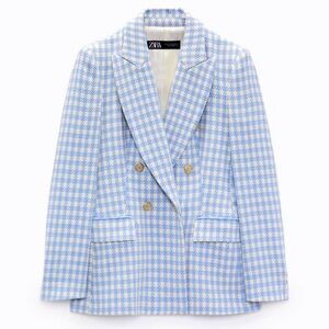 ZARA Textured Double Breasted Blazer - Light Blue Houndstooth